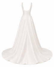 Elegant satin backless wedding dress with minimalist open back and flowing train