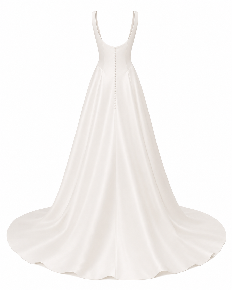 Elegant satin backless wedding dress with minimalist open back and flowing train
