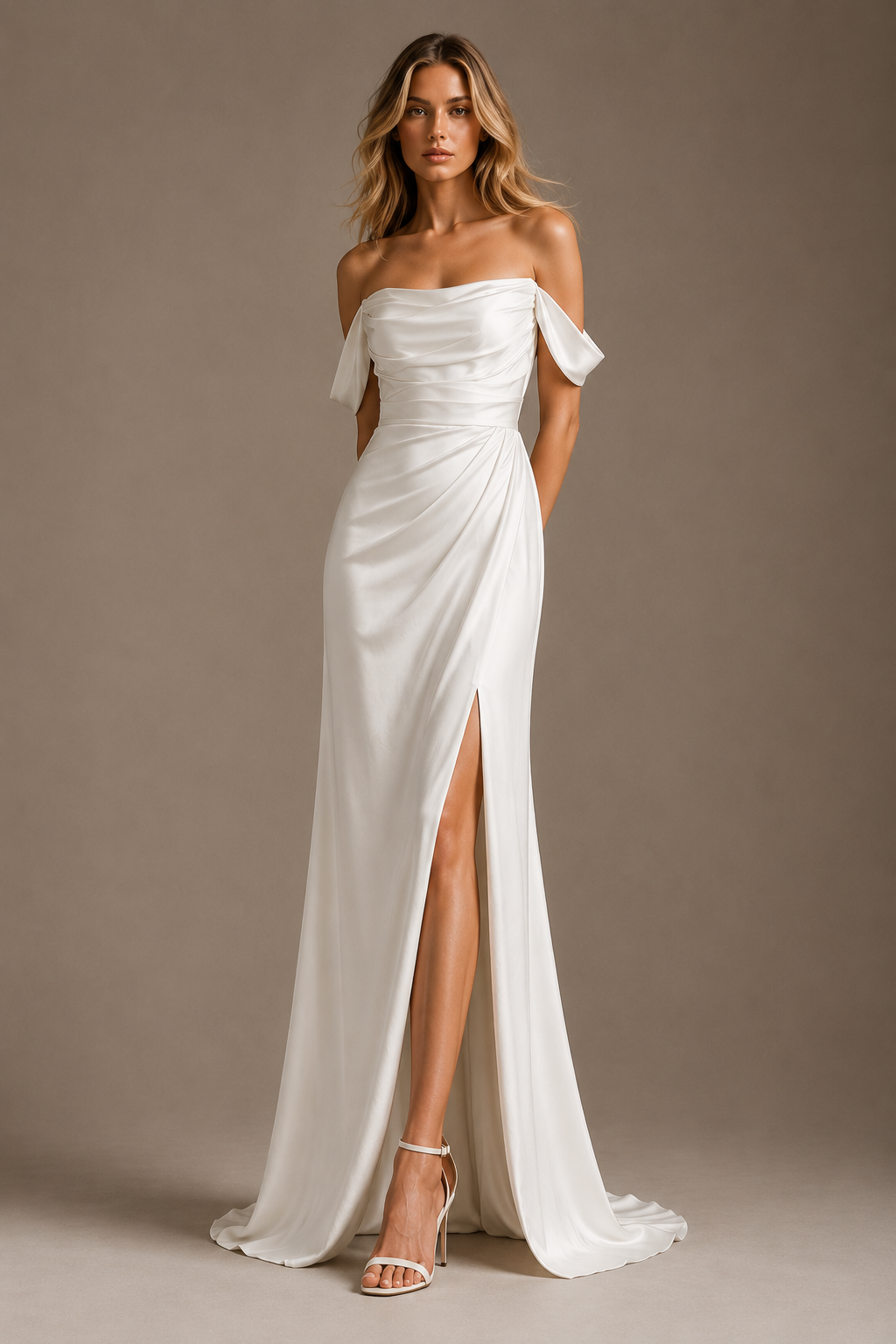 Ivory Draped Off-Shoulder Satin Gown - Elegant Sculpted Evening Maxi Dress