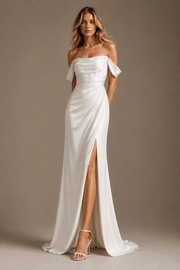 Ivory draped off-shoulder satin evening dress with sculpted waist and thigh slit