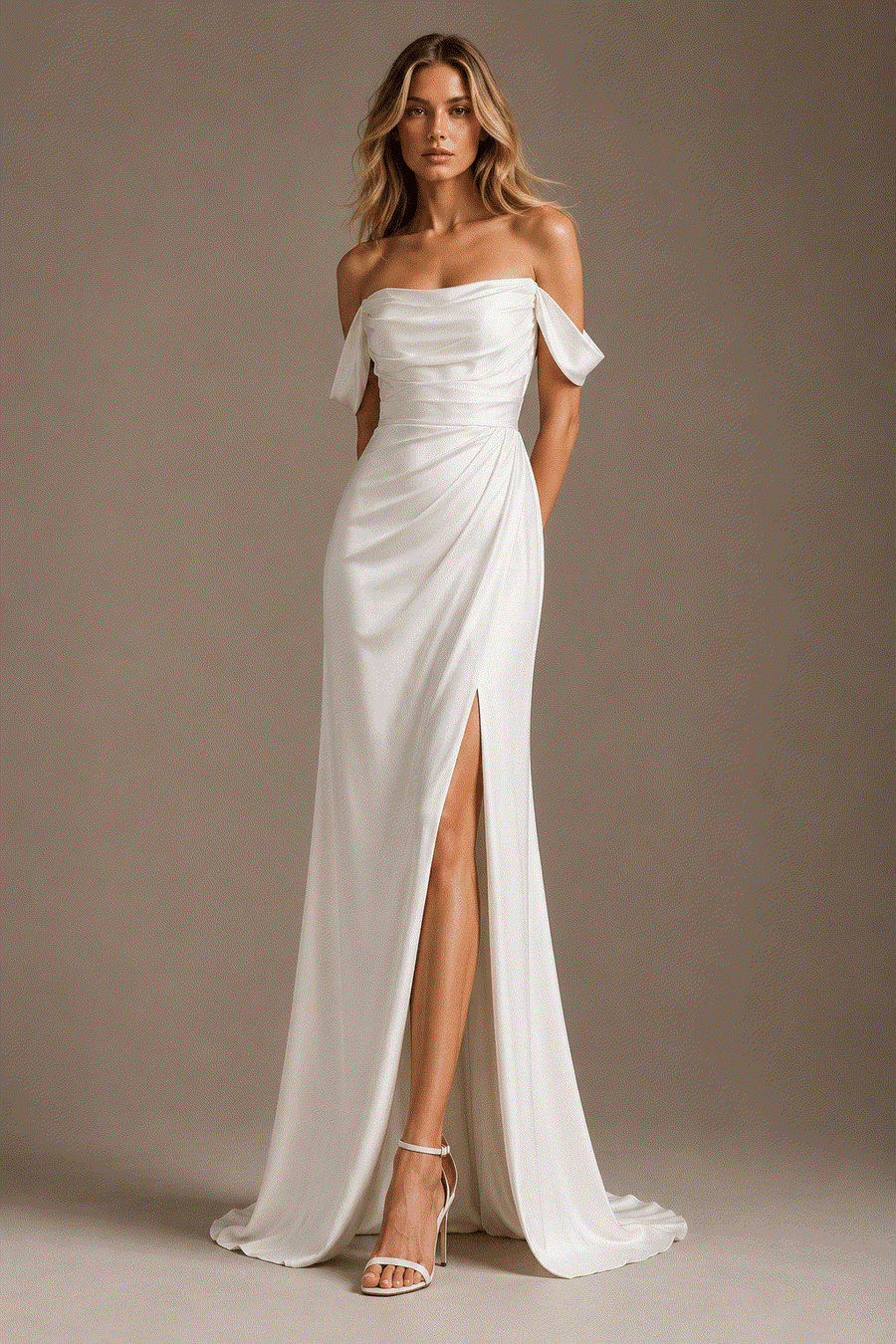 Ivory draped off-shoulder satin evening dress with sculpted waist and thigh slit