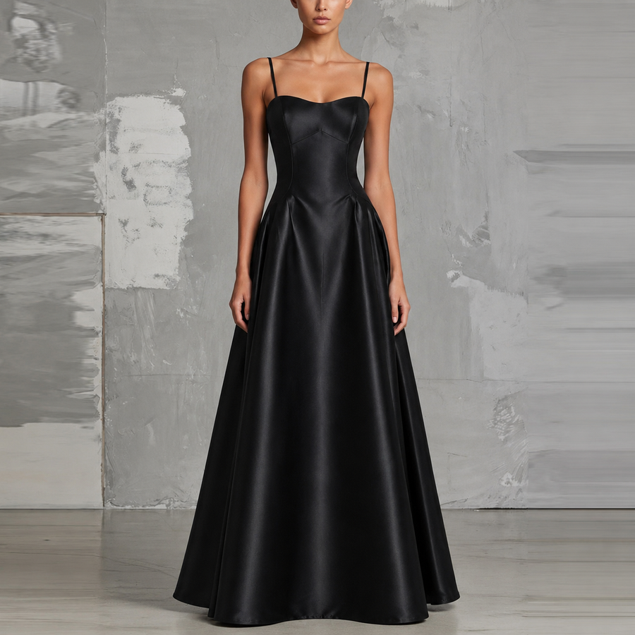 Midnight Satin Corset Gown - Sculpted Waist Floor-Length Evening Dress