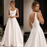 Elegant satin backless wedding dress with minimalist silhouette and flowing train