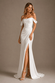 Ivory draped off-shoulder satin evening gown with sculpted waist and thigh slit