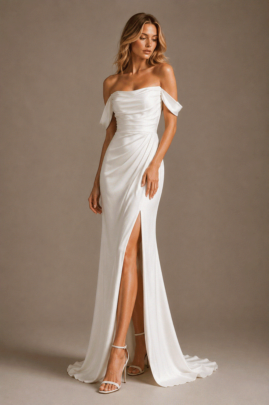 Ivory draped off-shoulder satin evening gown with sculpted waist and thigh slit