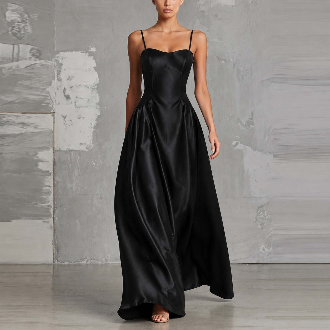 Midnight Satin Corset Gown - Sculpted Waist Floor-Length Evening Dress