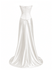 Ivory satin corset wedding dress with ruched bodice and flowing train