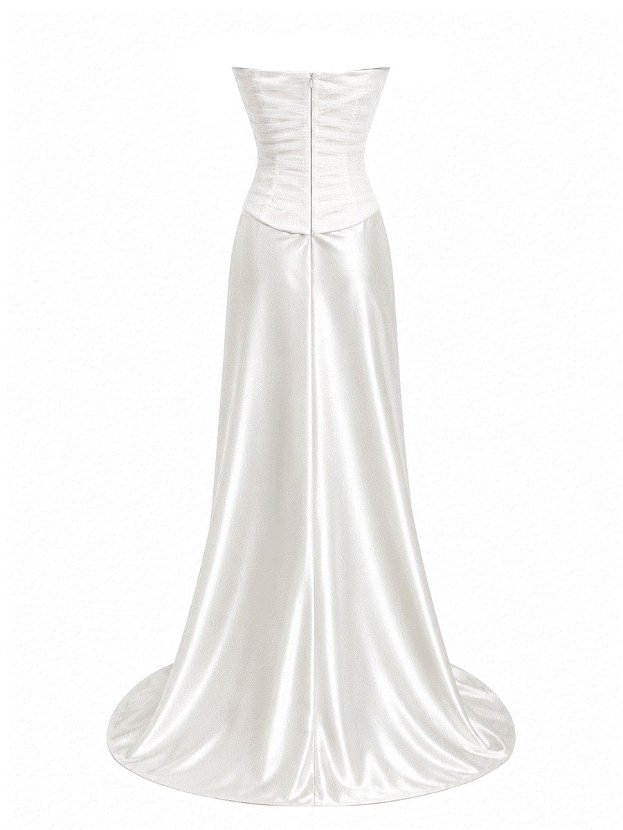 Ivory satin corset wedding dress with ruched bodice and flowing train