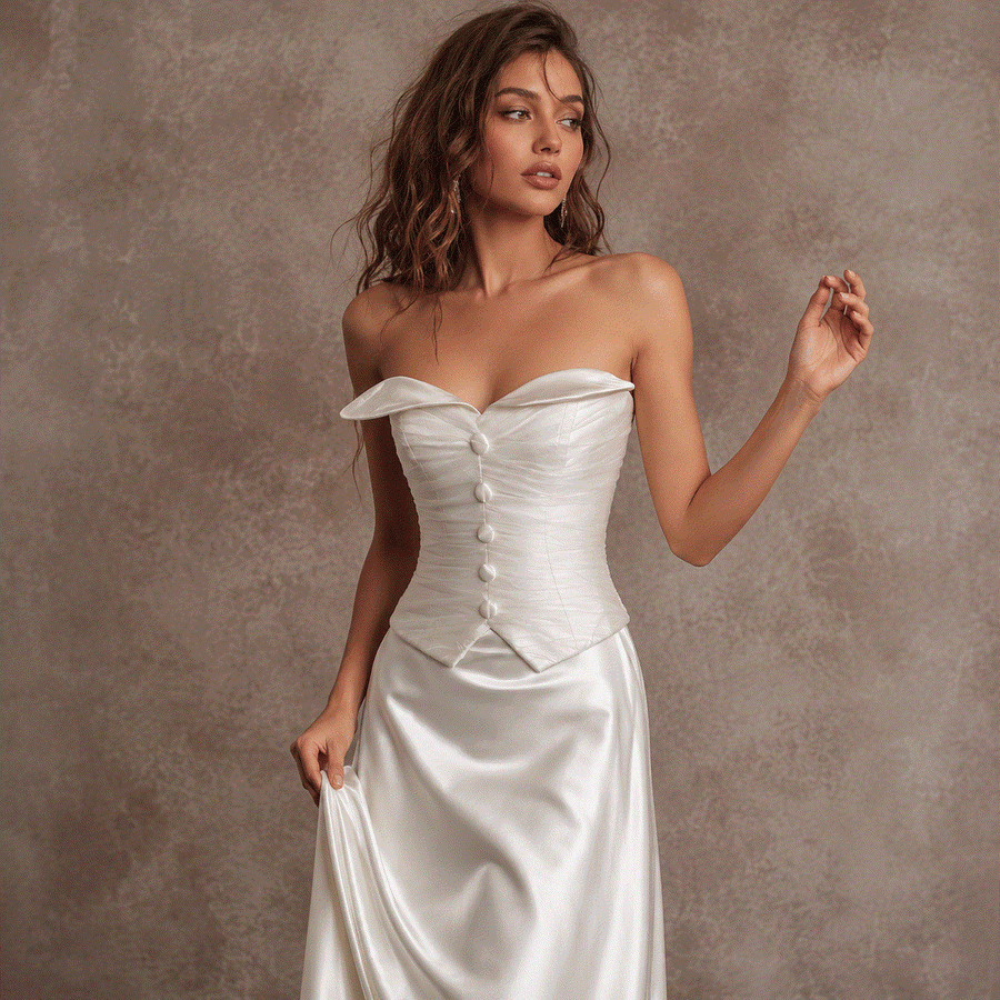 Ivory satin corset wedding dress with ruched bodice and flowing train