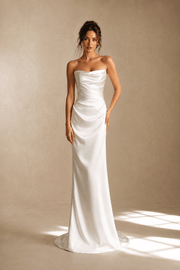 Ivory satin draped elegant wedding guest dress with minimalist bridal maxi gown silhouette