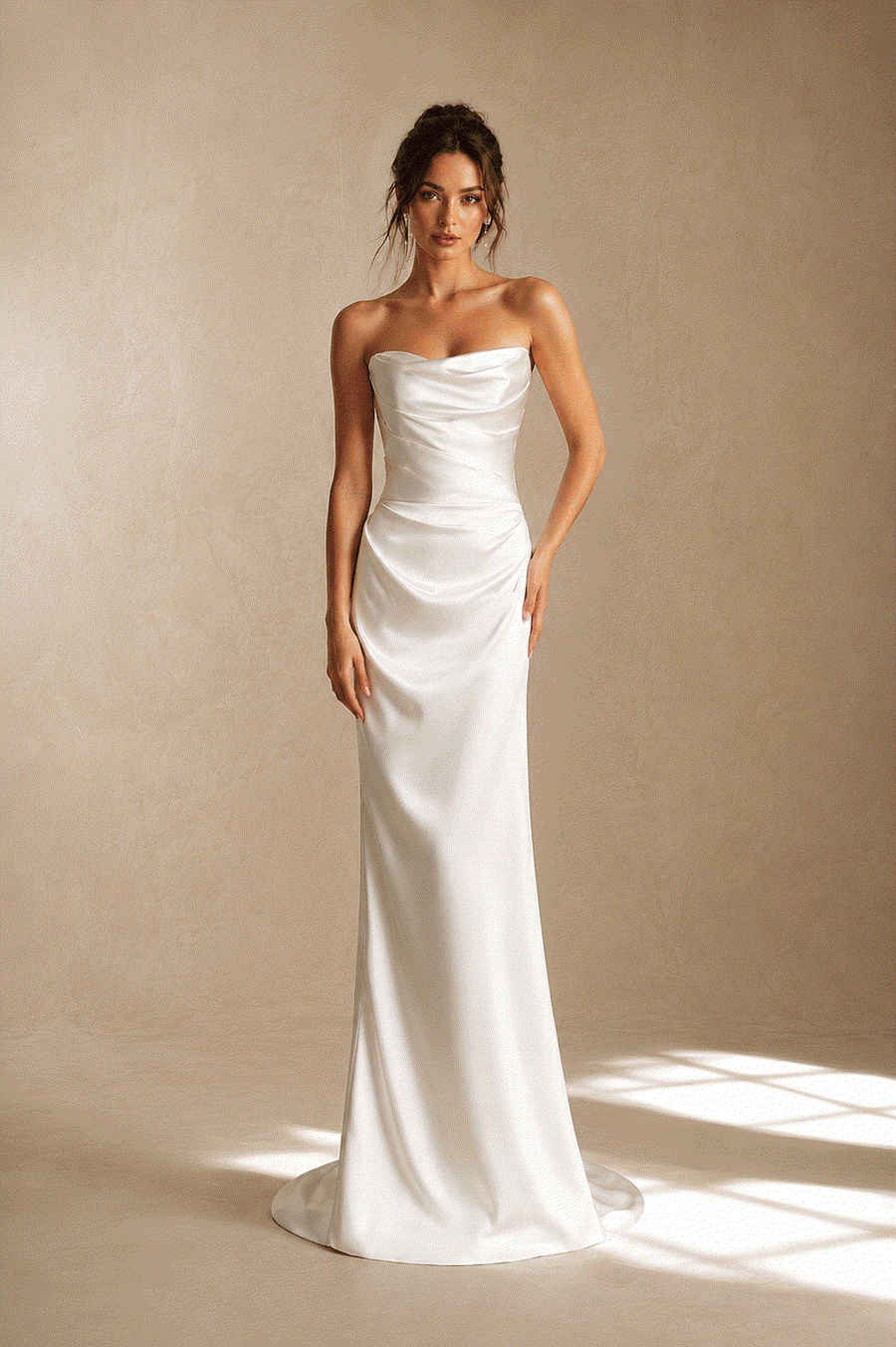 Ivory satin draped elegant wedding guest dress with minimalist bridal maxi gown silhouette