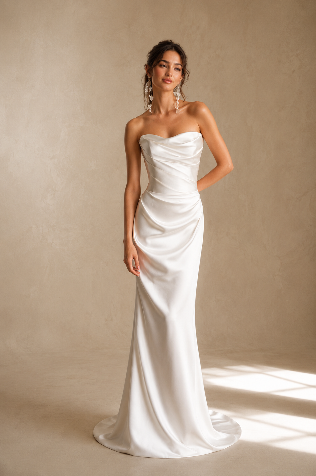 Ivory Satin Draped Maxi Dress - Elegant Minimalist Bridal Evening Gown