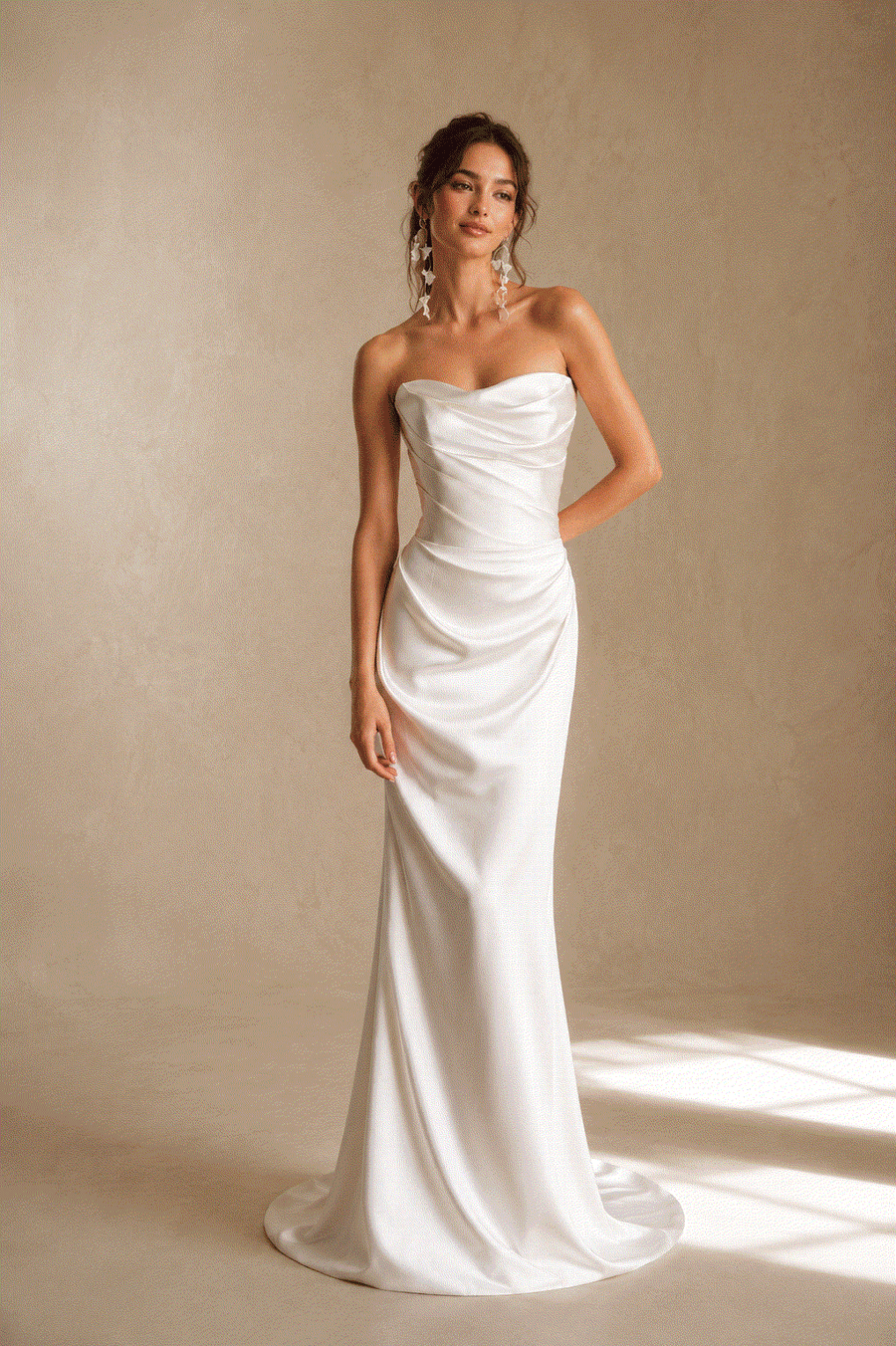 Ivory satin draped elegant wedding guest dress with minimalist sculpted silhouette and draped neckline