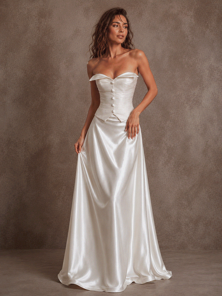 Ivory satin corset wedding dress with ruched bodice and flowing train