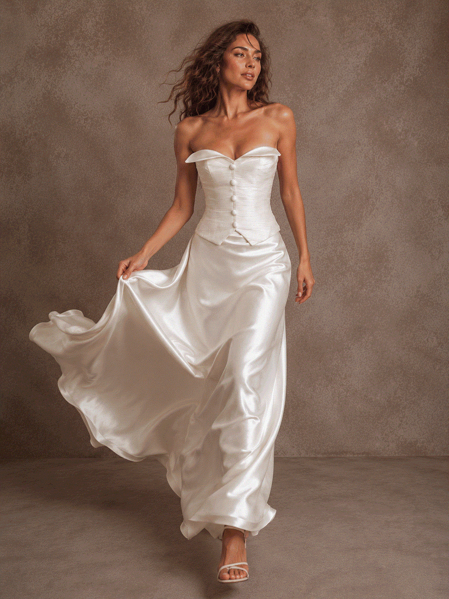Ivory satin corset wedding dress with ruched bodice and flowing train