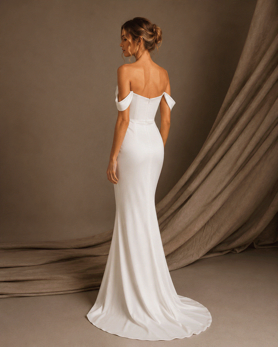Ivory draped off-shoulder satin evening gown with sculpted waist and thigh slit