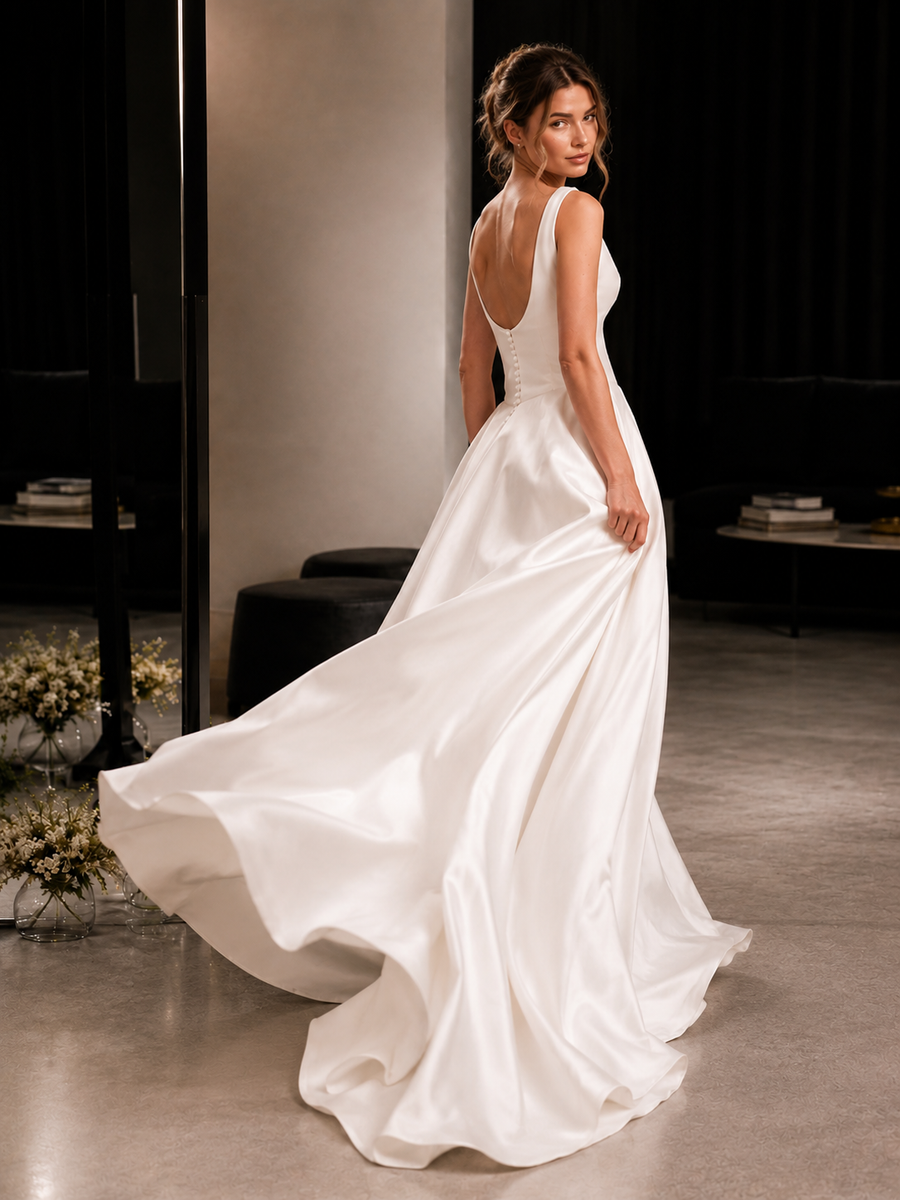 Elegant satin backless wedding dress with minimalist silhouette and flowing train