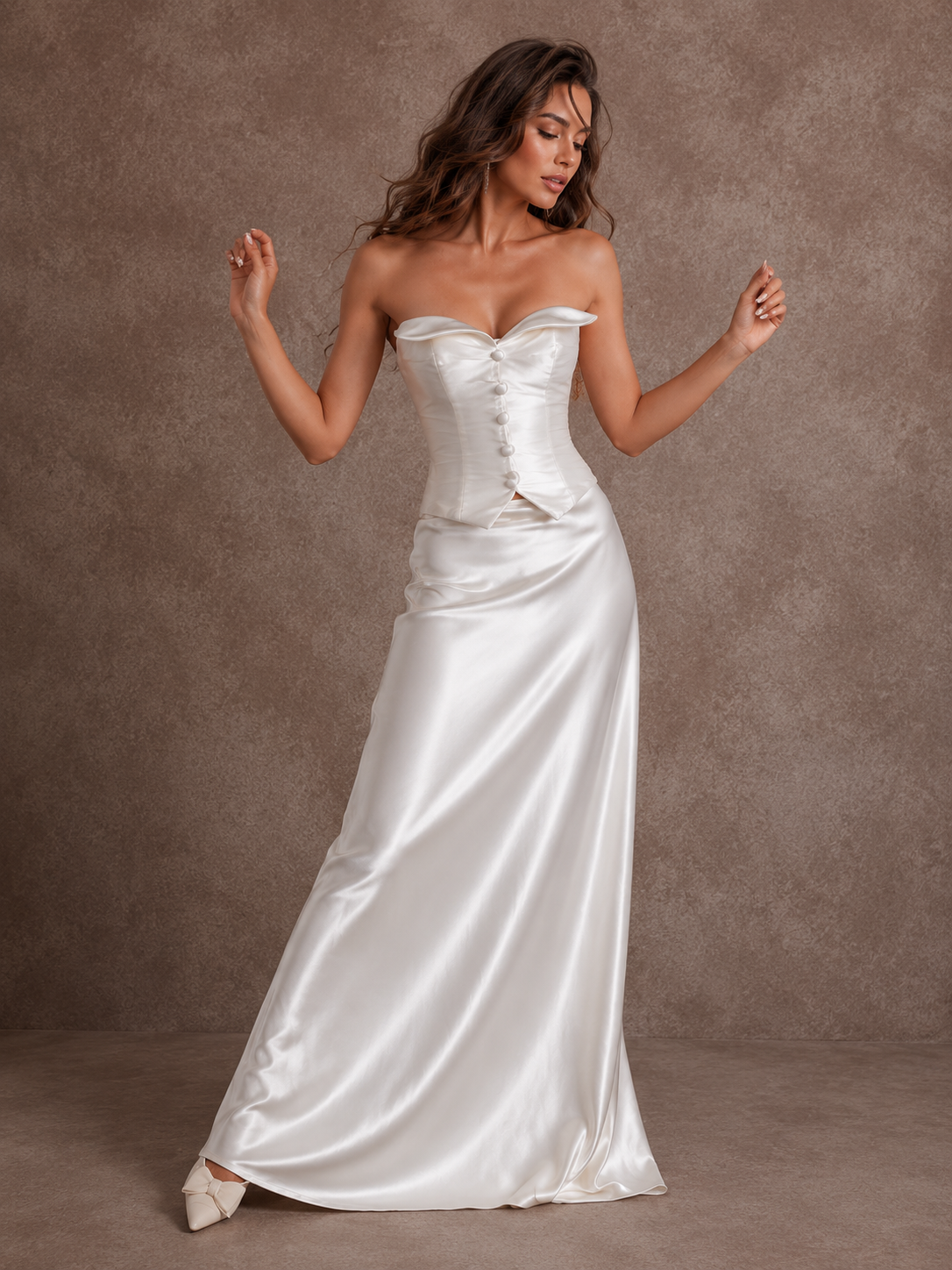 Ivory Satin Corset Bridal Gown - Sculpted Ruched Bodice & Liquid Silk Train