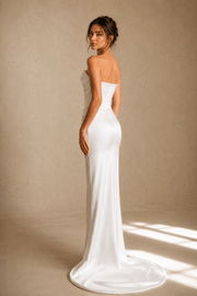 Ivory satin draped elegant wedding guest dress with minimalist bridal maxi gown silhouette