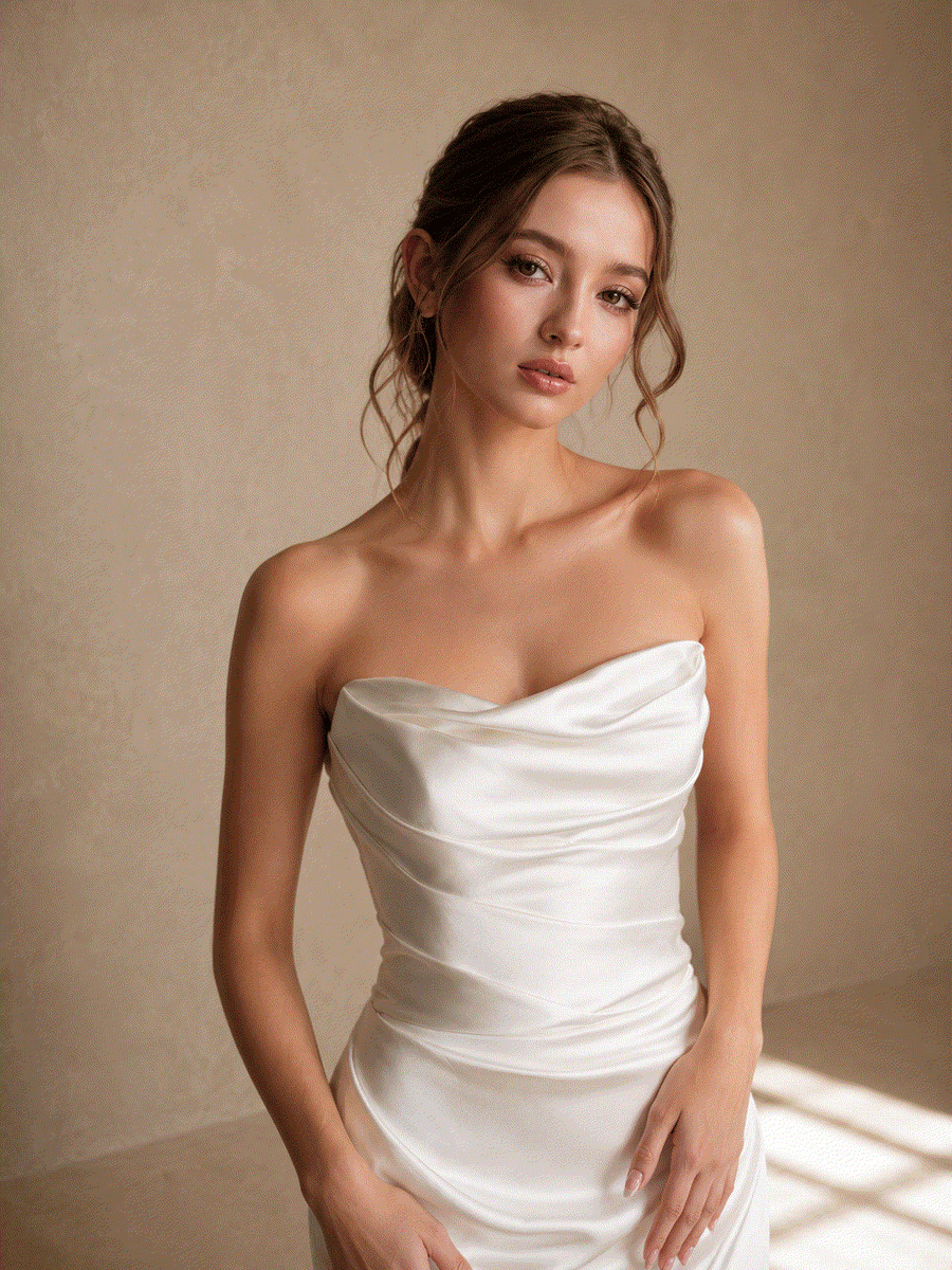 Ivory satin draped elegant wedding guest dress with minimalist maxi gown design