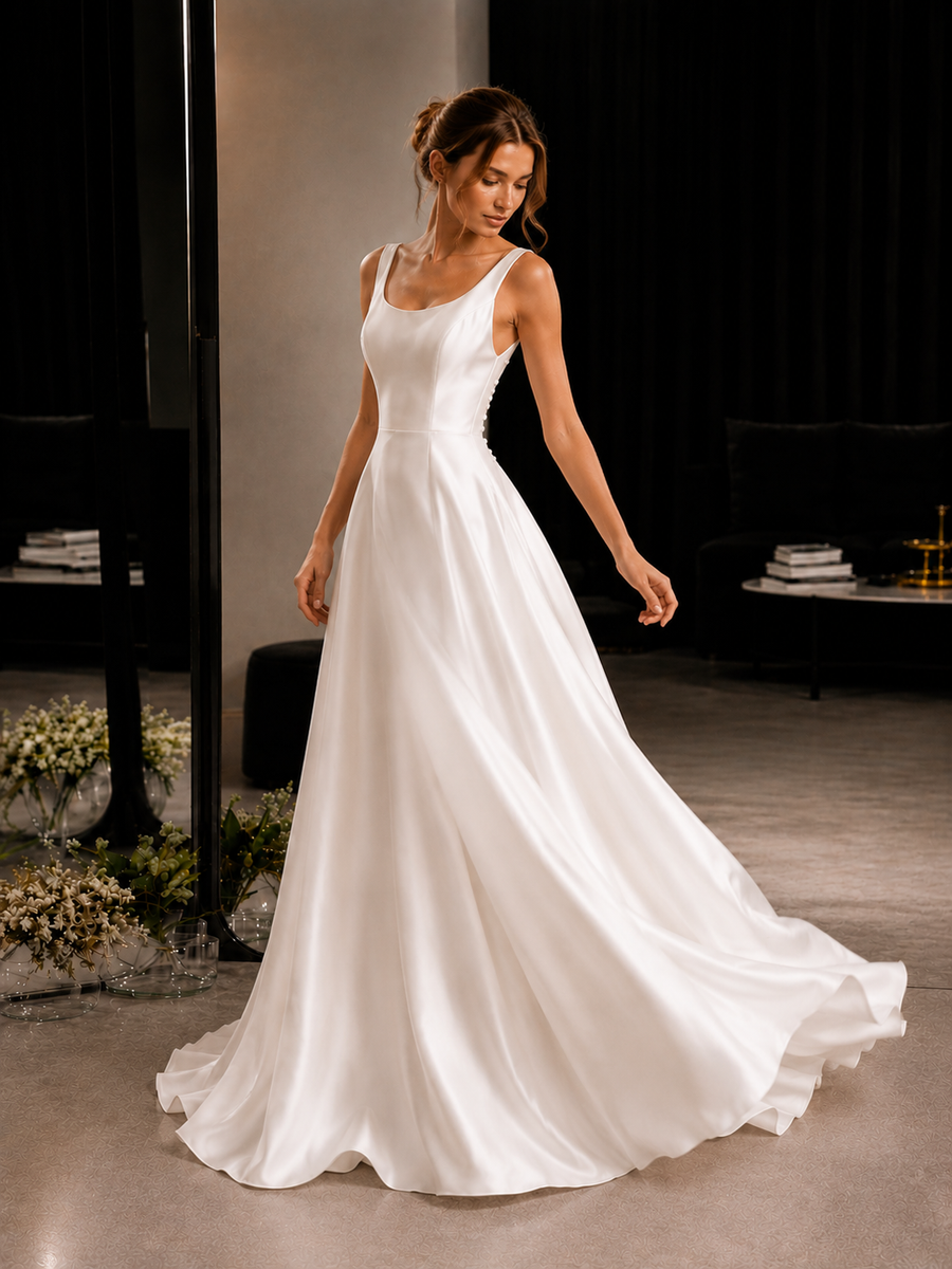 Elegant satin backless wedding dress with minimalist open back and flowing train