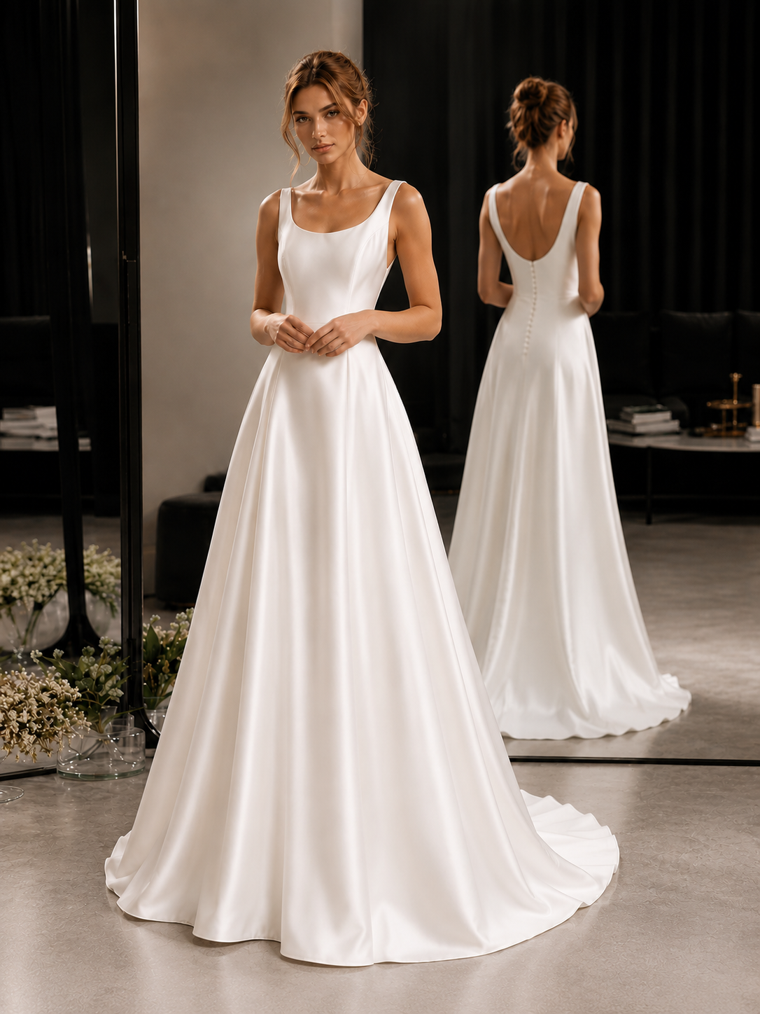 Elegant Satin Backless Wedding Gown - Minimalist Open Back Bridal Dress with Flowing Train