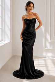 Ivory satin draped elegant wedding guest dress with minimalist bridal maxi gown design