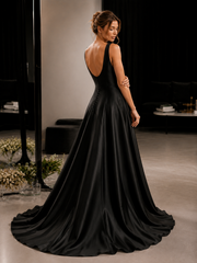 Elegant satin backless wedding dress with minimalist open back and flowing train
