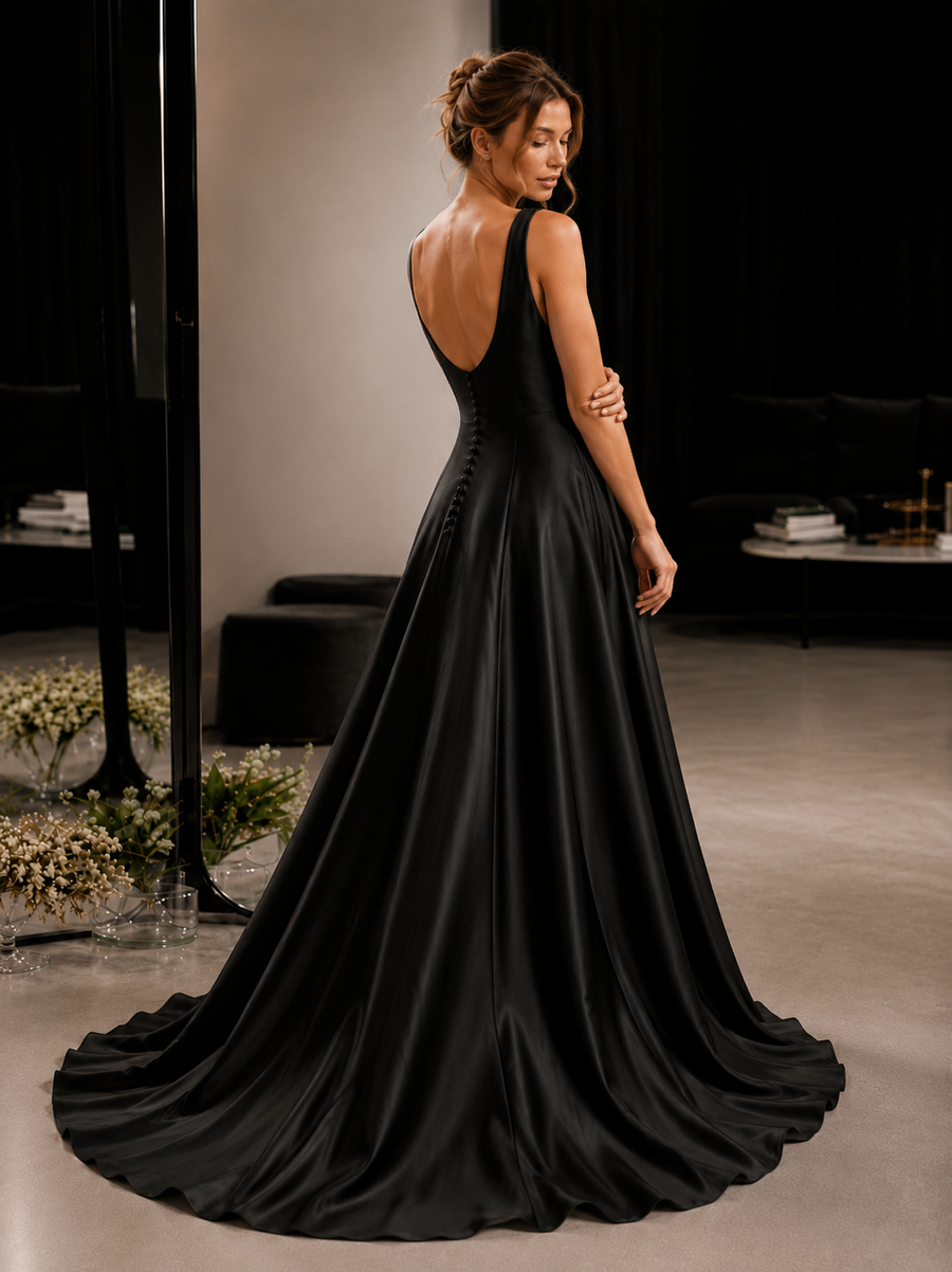 Elegant satin backless wedding dress with minimalist open back and flowing train