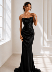 Ivory satin draped elegant wedding guest dress with minimalist bridal maxi gown silhouette