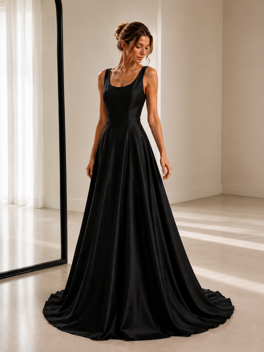 Elegant satin backless wedding dress with minimalist silhouette and flowing train