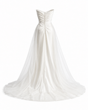 Ivory Whisper Satin Bridal Gown - Ethereal Draped Corset Wedding Dress with Sheer Cathedral Train