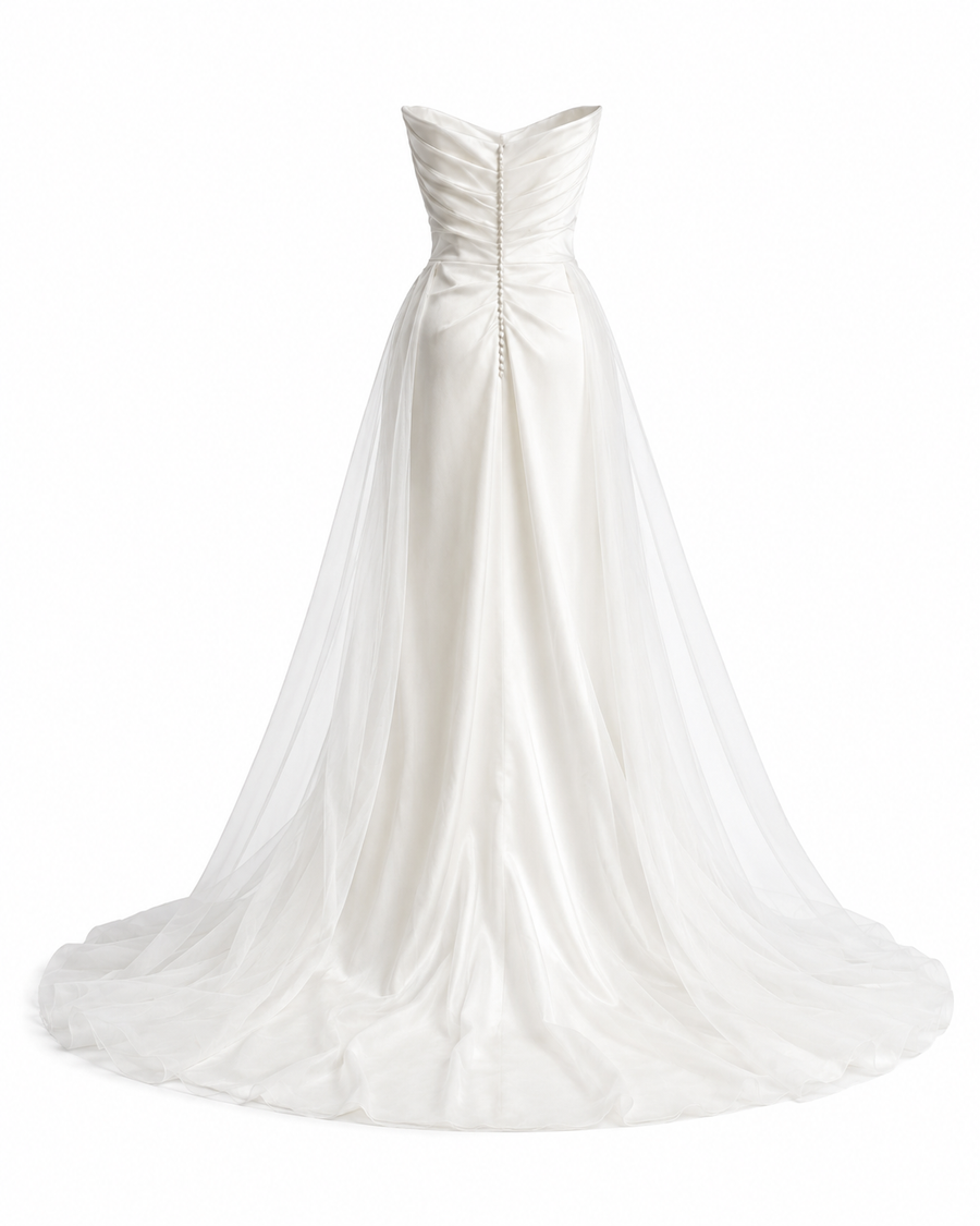 Ivory Whisper Satin Bridal Gown - Ethereal Draped Corset Wedding Dress with Sheer Cathedral Train