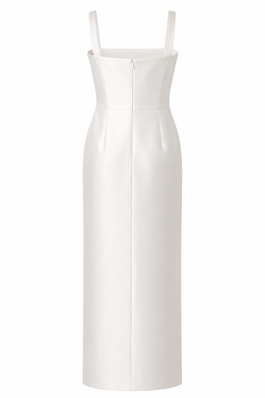 Ivory satin column dress with square neckline and back slit, minimalist elegant gown for special occasions