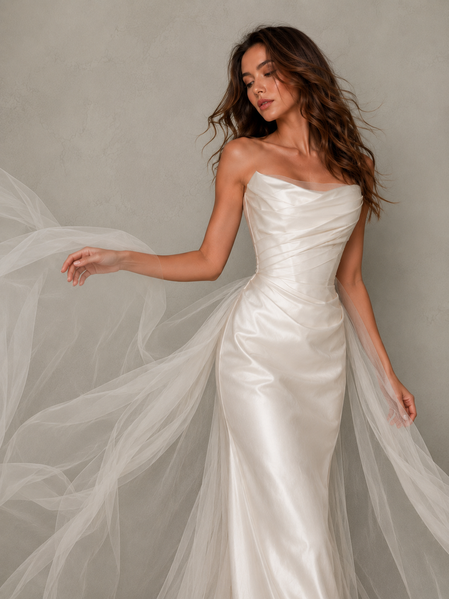 Ivory Whisper Satin Bridal Gown - Ethereal Draped Corset Wedding Dress with Sheer Cathedral Train