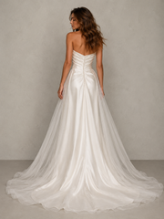 Ivory Whisper Satin Bridal Gown - Ethereal Draped Corset Wedding Dress with Sheer Cathedral Train