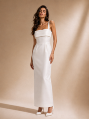 Ivory satin column dress with square neckline and back slit for elegant bridal occasions