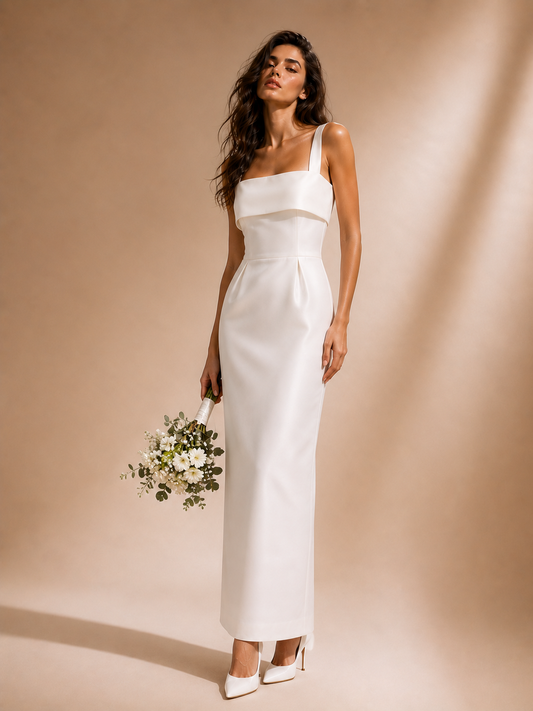 Ivory Satin Column Evening Dress - Minimalist Structured Back Slit Gown