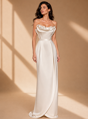 Ivory Sculpted Satin Evening Gown - French Minimalist Draped Couture Dress