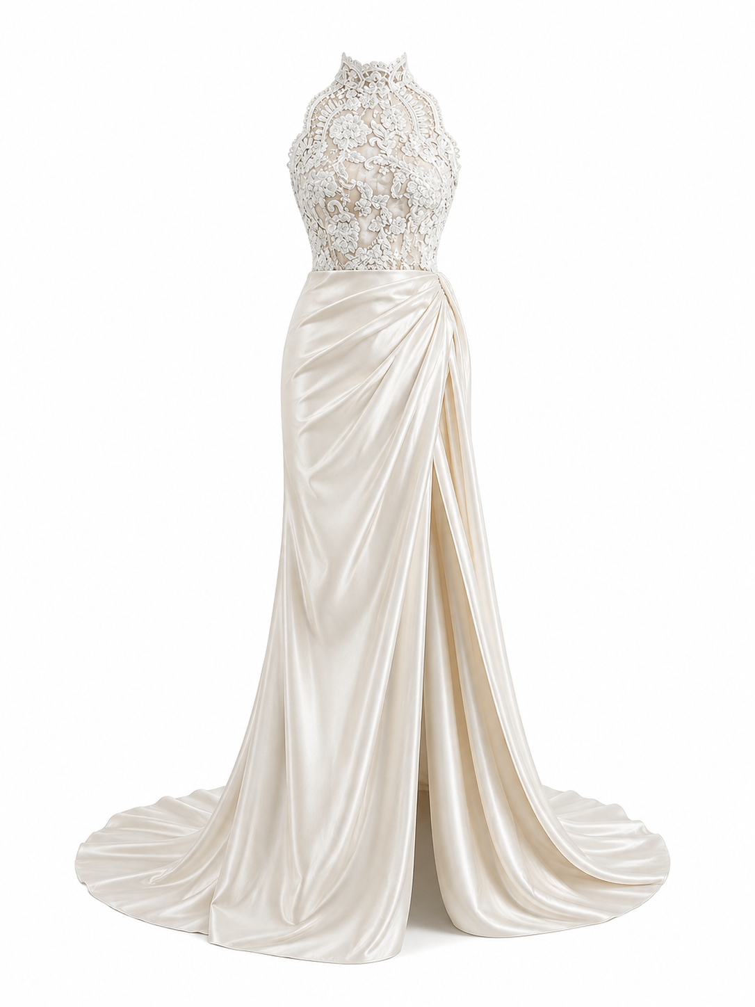 Ivory Lace Halter Satin Wedding Gown - Elegant Backless Bridal Dress with Draped Silk Train