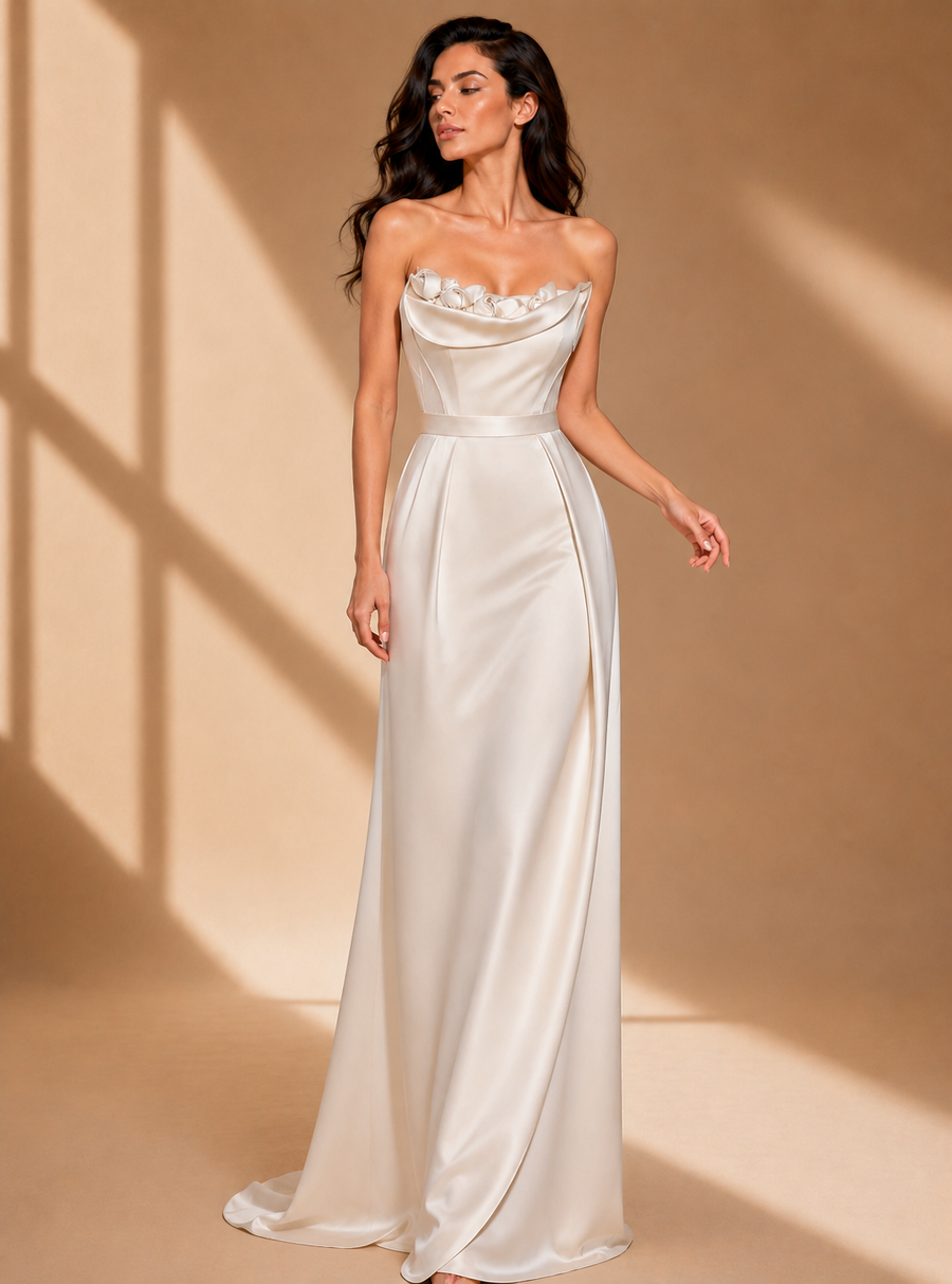 Ivory Sculpted Satin Evening Gown - French Minimalist Draped Couture Dress