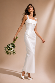 Ivory satin column dress with square neckline and back slit for special occasions