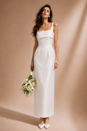Elegant ivory satin column dress with square neckline and back slit
