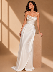 Ivory Sculpted Satin Evening Gown - French Minimalist Draped Couture Dress