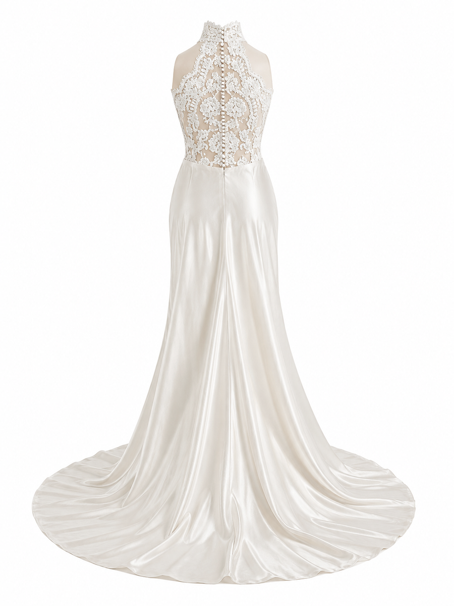 Ivory lace halter dress with sheer illusion bodice and draped train for elegant wedding guest look