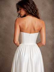 Ivory Satin Off-Shoulder Bubble Hem Dress - Elegant Sculpted Ankle-Length Evening Gown
