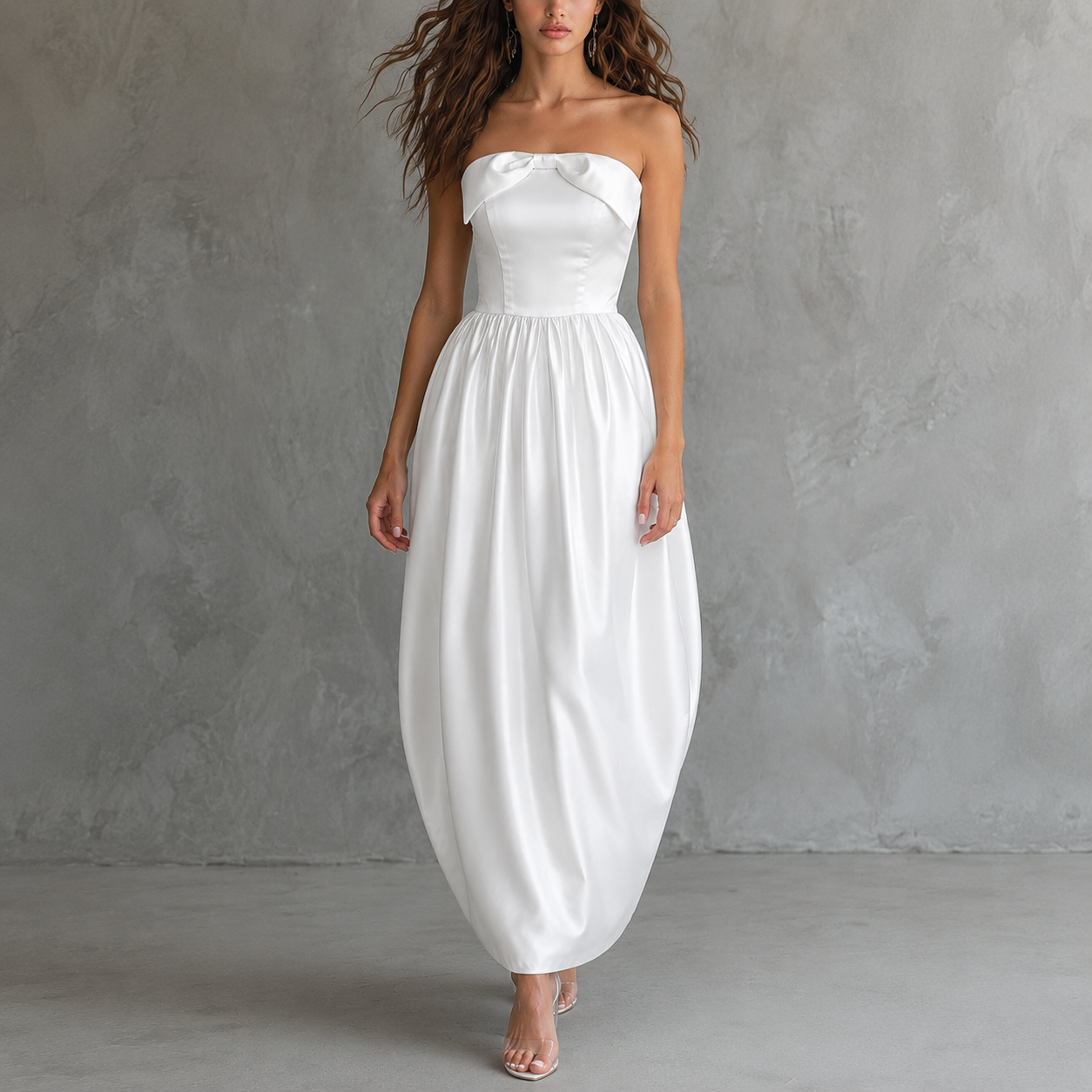 Ivory Satin Off-Shoulder Bubble Hem Dress - Elegant Sculpted Ankle-Length Evening Gown