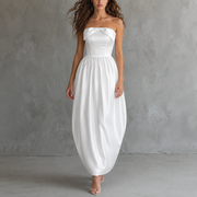 Ivory Satin Off-Shoulder Bubble Hem Dress - Elegant Sculpted Ankle-Length Evening Gown