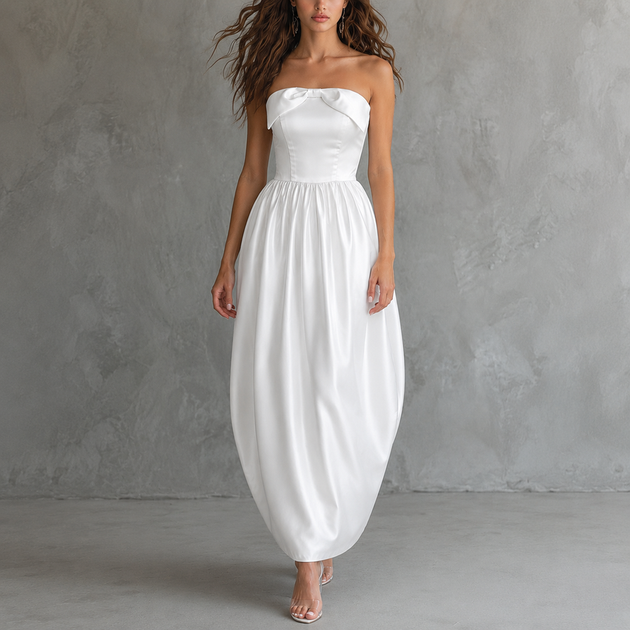 Ivory Satin Off-Shoulder Bubble Hem Dress - Elegant Sculpted Ankle-Length Evening Gown