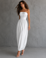 Ivory Satin Off-Shoulder Bubble Hem Dress - Elegant Sculpted Ankle-Length Evening Gown